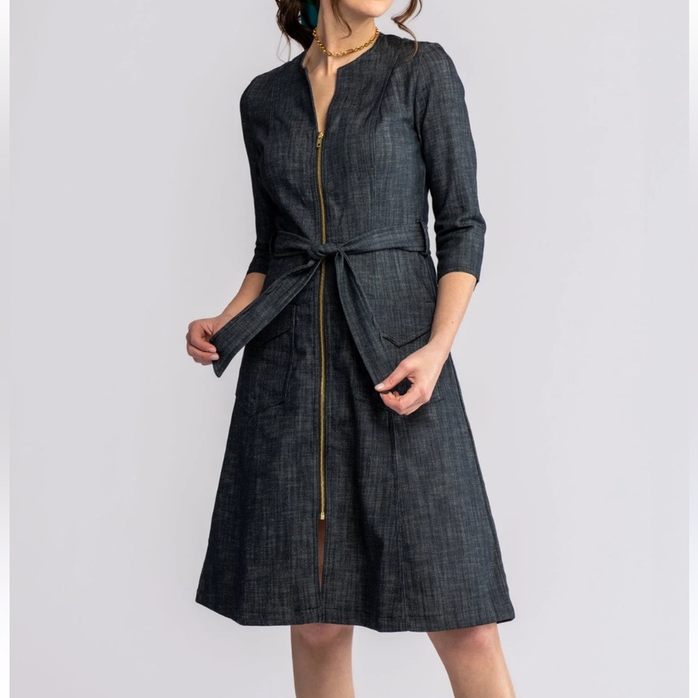 Women's Dark Denim Midi Dress with Front Zip and Tie Waist